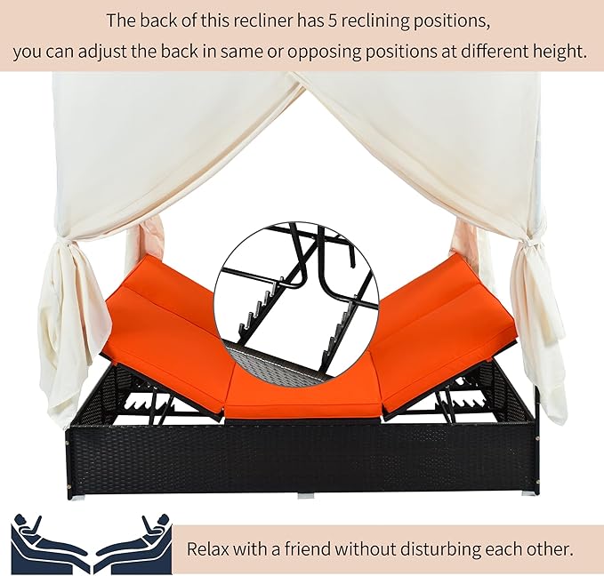 Patio Chaise Lounge, PE Rattan Outdoor Patio Wicker Sunbed Daybed with Adjustable Seats, Four-sided Canopy, Overhead Curtain and Orange Cushions for Backyard, Garden, Poolside (for 2-6 people)