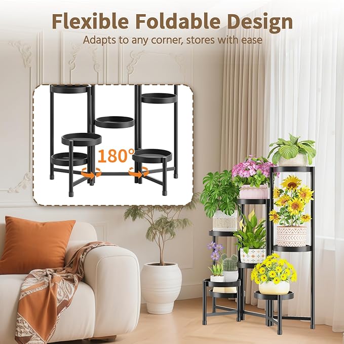 LASZOLA 8 Tiered Folding Tall Plant Stand Indoor for Multiple Large Planter, Heavy Duty Metal Adjustable Flower Rack for Narrow Corner, Sturdy Vertical Spiral Shelving Holder for Modern House, Black