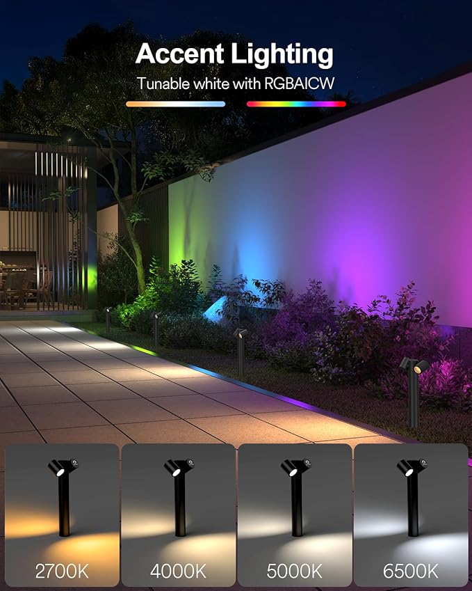 Lumary Smart Pathway Lights Pro 700LM, RGBAICW Color Changing Landscape Lights with 8 Adjustable 355° Spot Lights IP65 Waterproof, 48FT Wired Outdoor Landscape Lighting, WiFi APP/Voice/Remote (4 Pack)
