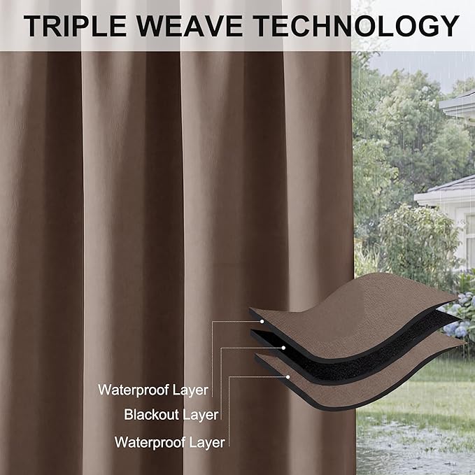 RYB HOME Outdoor Curtains for Patio Waterproof Block Sunlight Thermal Insulated Privacy Assured Thick Outside Curtains for Porch, Gazebo, Pergola, W52" x L95", Mocha, 1 Panel