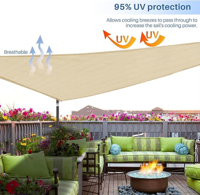 E&K Sunrise 19' x 19' x 19' Sun Shade Sail Triangle Canopy Shade Cover UV Block for Patio Backyard Garden Outdoor (Sand)