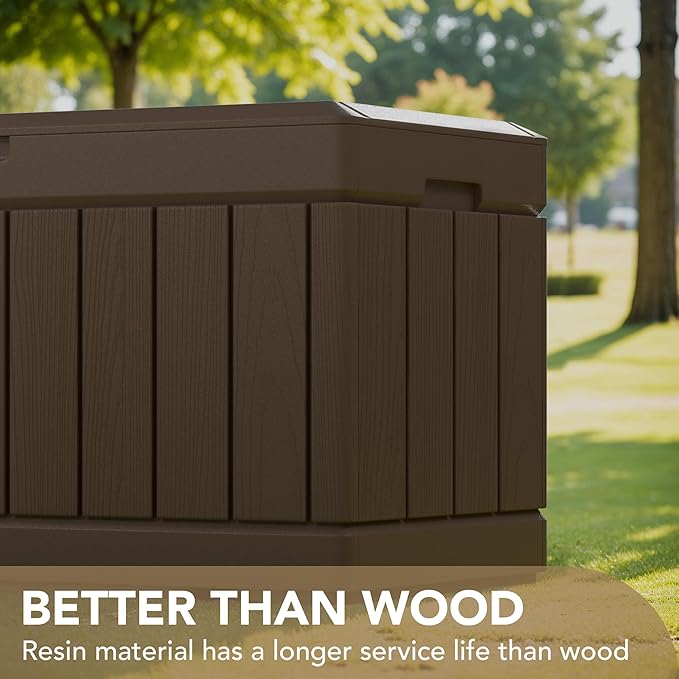 Devoko 85 Gallon Deck Box Lockable Resin Outdoor Storage Box waterproof Outdoor Container for Patio Furniture Cushions, Pillow (Brown)