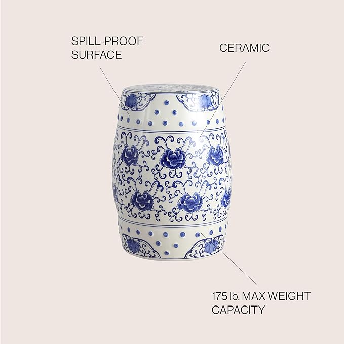 JONATHAN Y TBL1000A Lotus Flower 17.8" Chinoiserie Ceramic Drum Indoor/Outdoor Garden Stool Bohemian, Coastal, Classic, Cottage, French Country, Traditional, Bathroom, Garden Room, Patio, Blue/White