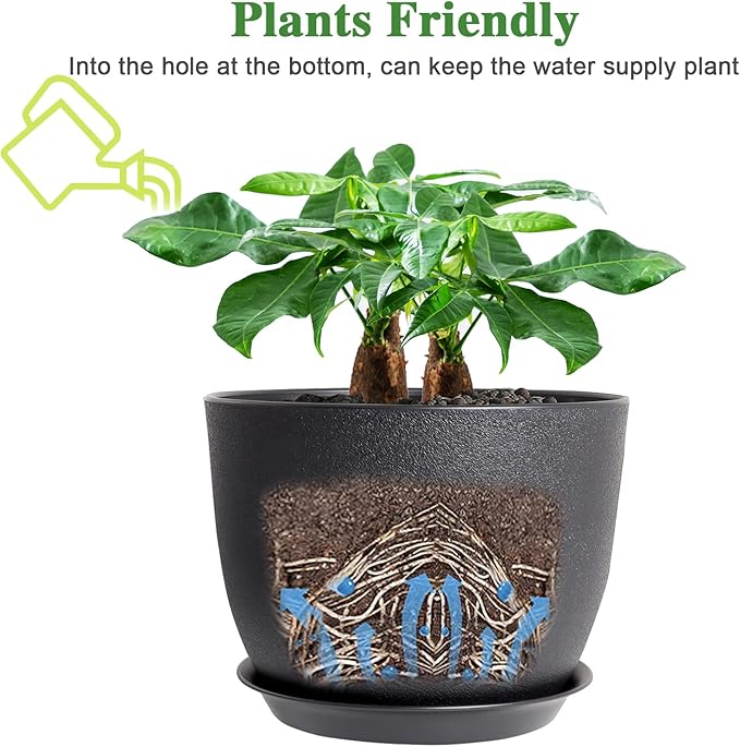 12inch Large Plant Pot, Modern Plastic Planter with High Driange Holes and Saucer for Indoor Outdoor Garden Plants and Flowers, Black