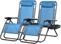 Nazhura Set of 2 Relaxing Recliners Patio Chairs Adjustable Steel Mesh Zero Gravity Lounge Chair Beach Chairs with Pillow and Cup Holder (Sky Blue)