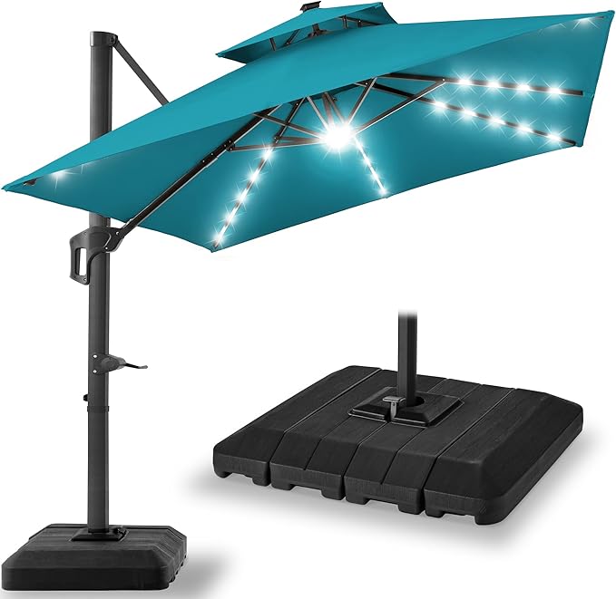 Best Choice Products 10x10ft Cantilever Patio Umbrella w/Base Included, Solar LED Lights 360 Rotation Large Offset Hanging Outdoor Shade for Deck Pool Backyard w/Stand – Cerulean