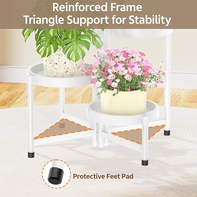 LASZOLA 5 Tiered Folding Plant Stand Indoor for Multiple Large Planter, Tall Heavy Duty Adjustable Rack with Rust Proof Plastic Shelving, Sturdy Vertical Tree Organizer for Narrow Inside Floor, White