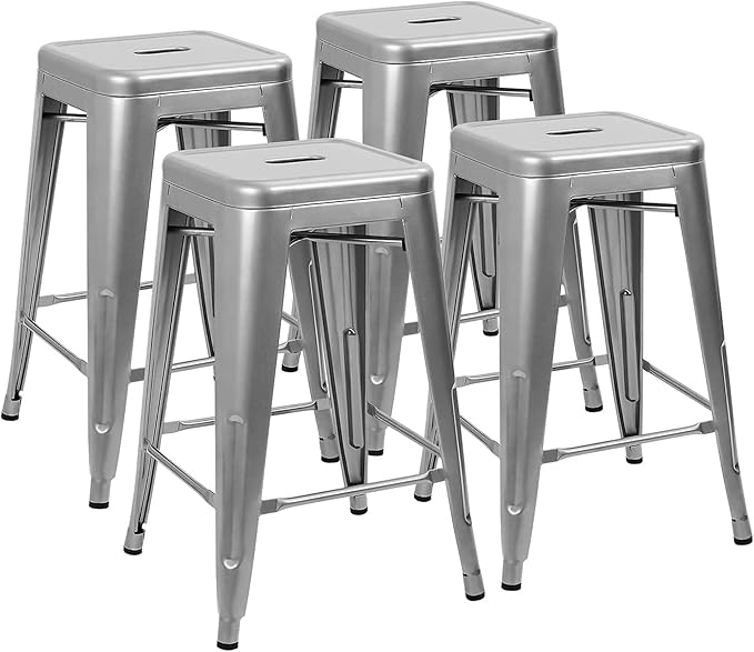 Devoko Metal Bar Stools 24" Indoor Outdoor Stackable Barstools Modern Style Industrial Vintage Counter Bar Stools Set of 4 (24 inch, Silver)