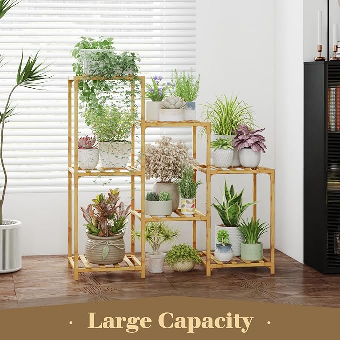 Bamworld Bamboo Plant Stand Indoor Boho Plant Shelf Tiered Plant Rack for Multiple Plants 3 Tiers 7 Pots Ladder Plant Holder Plant Table for Plant Pots Home Decor for Gardening Gifts Nature Color
