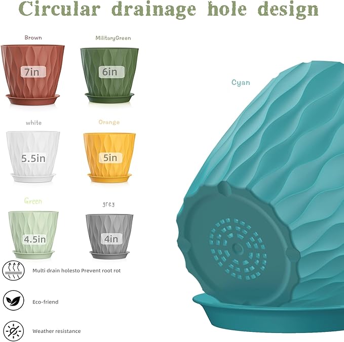 4/4.5/5/5.5/6/6.5/7 Inch Plant Pots,7 Pack Flower Pots with Drainage Holes and Trays,Plastic Planters for Indoor Outdoor Plants Growth,Multicolor