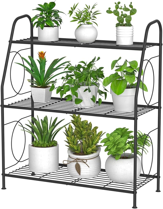 Plant Stand, 3 Tier Plant Shelf for Indoor Outdoor, Heavy Duty Metal Outdoor Plant Stand Holder Rack for Living Room Balcony and Garden, Iron Wire, Black