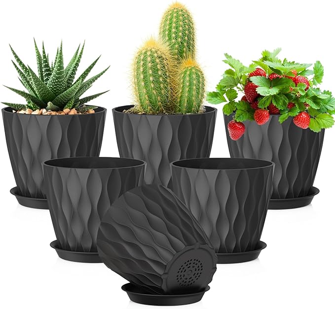 5 inch Plant Pots for Indoor Outdoor Plants, 6 Pack Thick Nursery Pots with Drainage Holes and Saucers, 3D Modern Wave Texture Small Plastic Planter Flower Pots for Succulent, Herb, Black