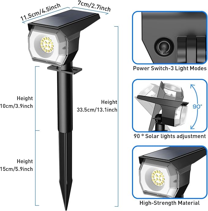 EIUIO Solar Outdoor Lights, 3 Lighting Modes Solar Spot Lights Outdoor with Auto On/Off, Waterproof Landscape Lighting for Garden Yard Pathway, 4 Pack(Cool White)