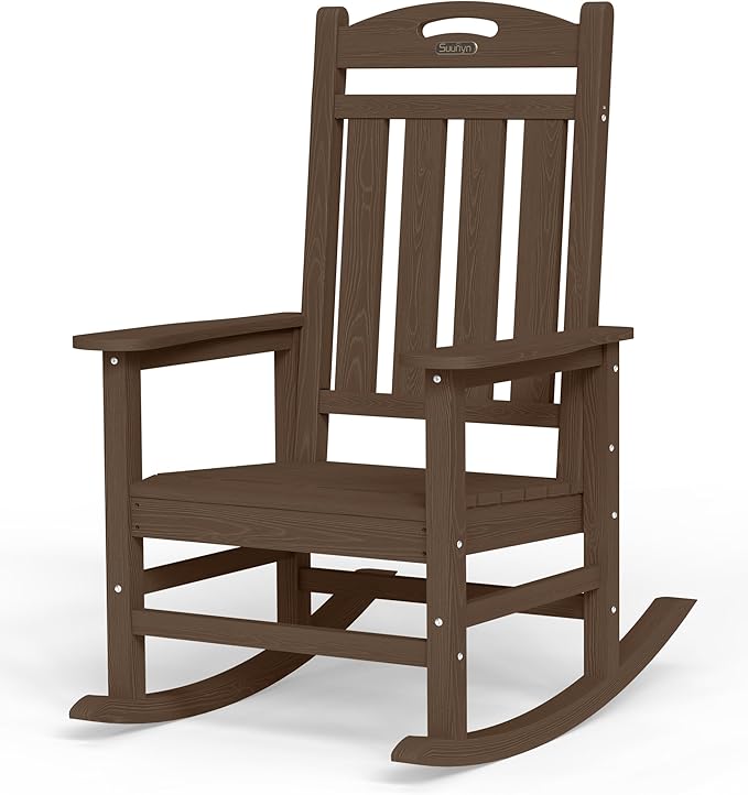 Oversized Outdoor Rocking Chair, HDPE All Weather Resistant Rocking Chairs for Patio, High Back Porch Rocker Chair, 380lbs Weight Capacity, Brown