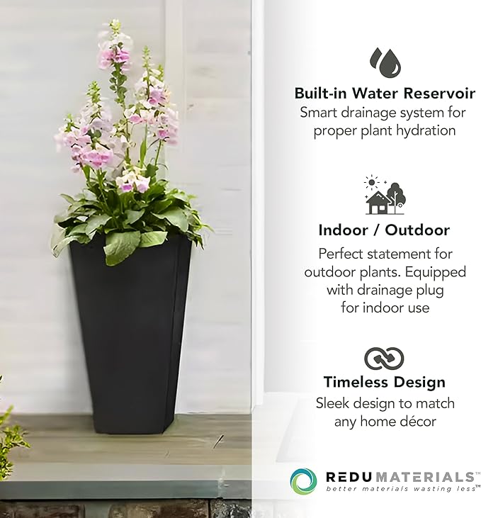 Tierra Verde 2-Pack Indoor & Outdoor Self-Watering Square Planters, Medium, Sonata, Black - Planter Containers for Plants and Flowers - Gardening and Landscaping Accessories