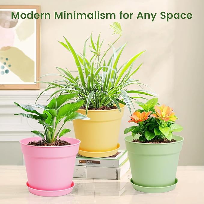 10 Pack 6 Inch Plant Pots with Drainage and Saucers, Plastic Flower Pots for Indoor and Outdoor Plants, Stackable Nursery Planters for Houseplants and Herbs, Colorful