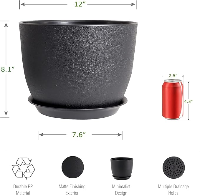 12inch Large Plant Pot, Modern Plastic Planter with High Driange Holes and Saucer for Indoor Outdoor Garden Plants and Flowers, Black