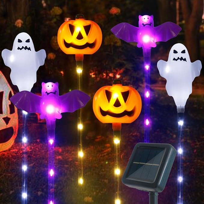 Halloween Decorations Outdoor Solar Pumpkin Bat Ghost Garden Stake Lights, 6-Pack 8 Modes Solar Halloween Lights Waterproof for Outside Home Patio Yard Pathway Grave Lawn Porch Party Decor