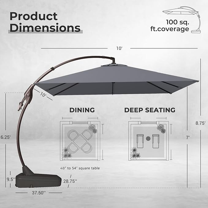 Grand patio Sunbrella 10x10 FT Cantilever Umbrella with Base Included Patio Square Aluminum Offset Umbrellas for Outdoor Pool (Charcoal, 10X10 FT-SUNBRELLA)