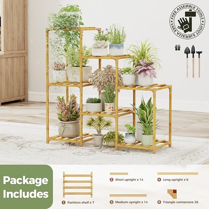 Bamworld Bamboo Plant Stand Indoor Boho Plant Shelf Tiered Plant Rack for Multiple Plants 3 Tiers 7 Pots Ladder Plant Holder Plant Table for Plant Pots Home Decor for Gardening Gifts Nature Color