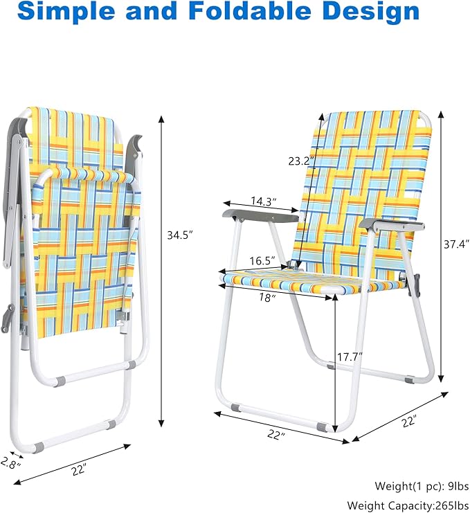 VINGLI Patio Lawn Webbed Folding Chairs Set of 2, Outdoor Beach Chair Portable Dining Chair for Outdoor Yard, Garden (Yellow, Classic)