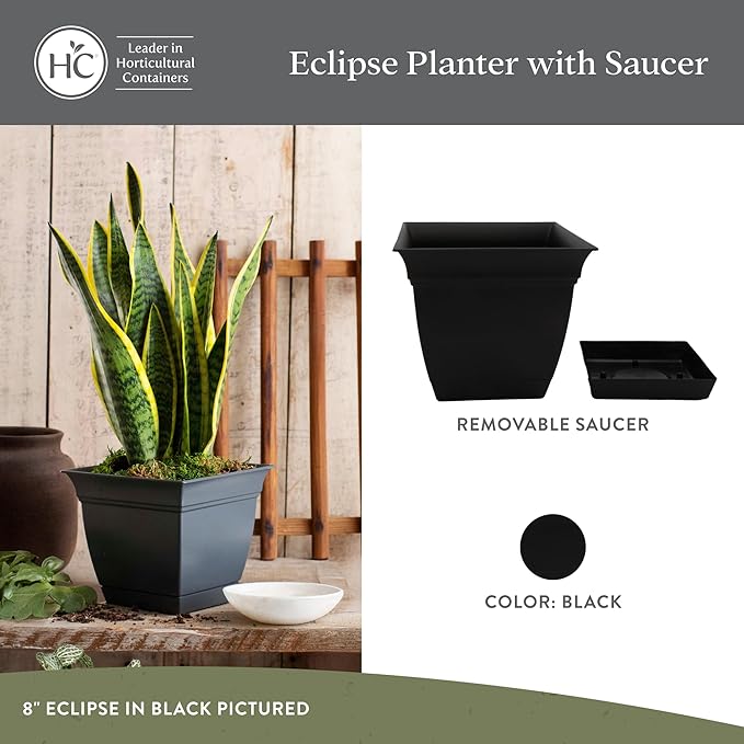 The HC Companies 12 Inch Eclipse Square Planter Pots with Drainage Holes & Attached Saucer, Lightweight UV-Resistant Plastic Indoor Outdoor Planters, 2-Pack Flower Pots for Garden & Home Decor, Black