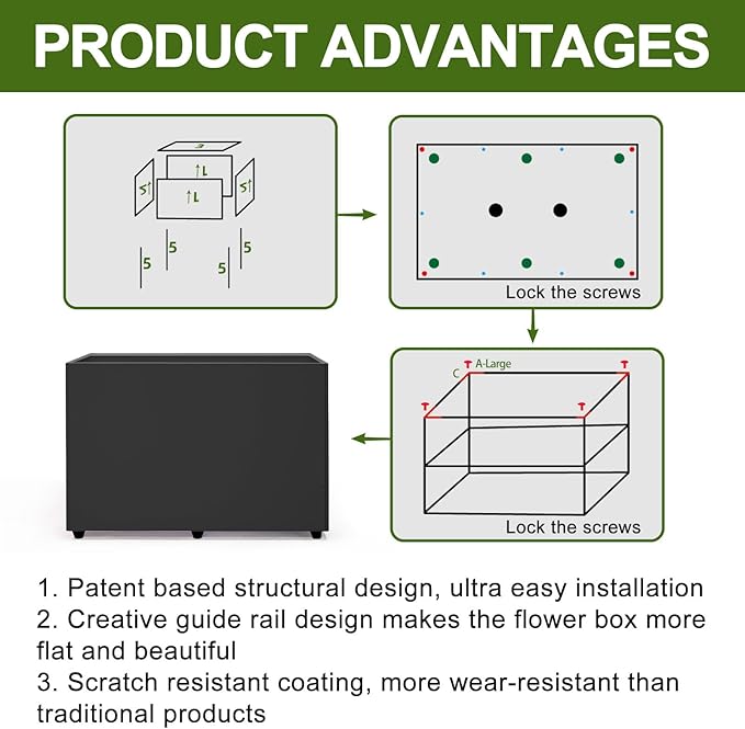 Planter Box Rectangular Block - 24×16×12IN Galvanized Steel Metal Long Box Planter Easy Installation Modern Outdoor Tall Planters All-Weather Use with Drainage Holes for Patio/Porch(Black)