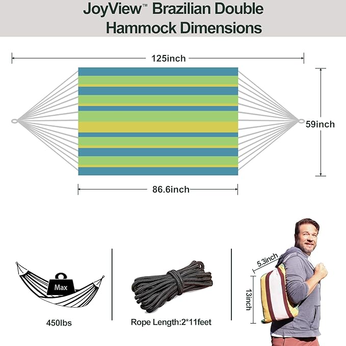 JoyView Brazilian Double Hammock with Hanging Ropes Extra Large 86.6x59” Portable Cotton Hammock for Patio Backyard Porch 450LBS Weight Capacity Perfect for Outdoor/Indoor - Light Green/Yellow Stripe