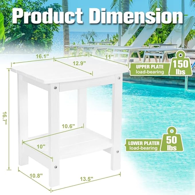 Y&M Outdoor Side Table, HIPS Adirondack Small Double Layer Table, Waterproof Square Outside Table, Balcony Modern End Tables for Patio, Pool, Beach, Porch, Deck, Indoor or Outdoor Use, White