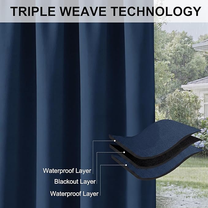 RYB HOME Extra Wide Outdoor Curtains for Patio Waterproof Heavy Duty Thermal Insulated in Summer Full Coverage Privacy for Porch, Cabana & Pool, W120 x L95, Navy Blue, 1 Panel