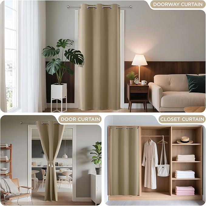 Joydeco Blackout Door Curtain for Doorway Privacy 72 Inches Long, Grommet Closet Curtain for Open Closet, Room Divider for Bedroom Living Room (Light Beige, 52Wx72L, 1 Panel)