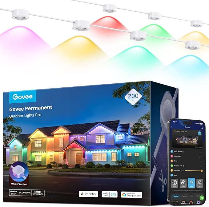 Govee Permanent Outdoor Lights Pro, 200ft with 120 RGBIC LED Lights for Daily and Accent Lighting, 75 Scene Modes for Outdoor Decor, IP67 Waterproof, Works with Alexa, Google Assistant, Matter, White