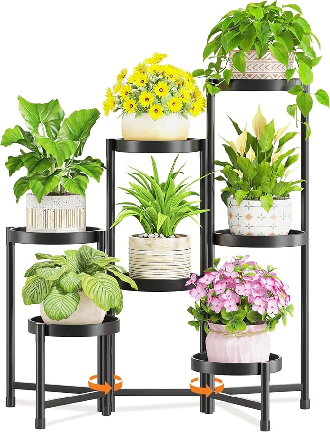 LASZOLA 7 Tiered Folding Tall Plant Stand Indoor for Multiple Large Planter, Heavy Duty Metal Adjustable Flower Rack for Narrow Corner, Sturdy Vertical Spiral Shelving Holder for Modern House, Black