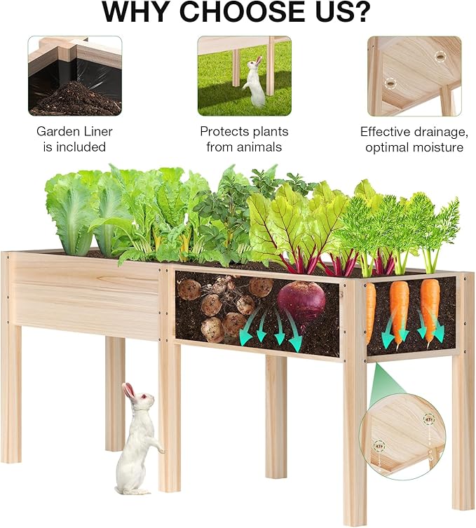MIXC 72”L X 23”W Raised Garden Bed Outdoors with Legs, Elevated Reinforced Wooden Large Planter Box for Backyard, Patio, Balcony w/Divider Panel, 6 Legs, 300lb Capacity