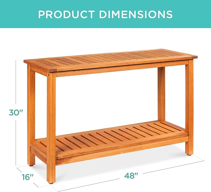 Best Choice Products 48in 2-Shelf Eucalyptus Wooden Console Table Indoor Outdoor Multifunctional Buffet Bar Storage Organizer w/Foot Sliders - Natural