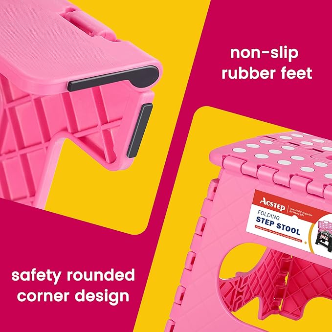 ACSTEP Folding Step Stool for Adults-11 Height Lightweight Plastic Stepping Stool. Foldable Step Stool Hold up to 300lbs Non Slip Collapsible Stool Pink