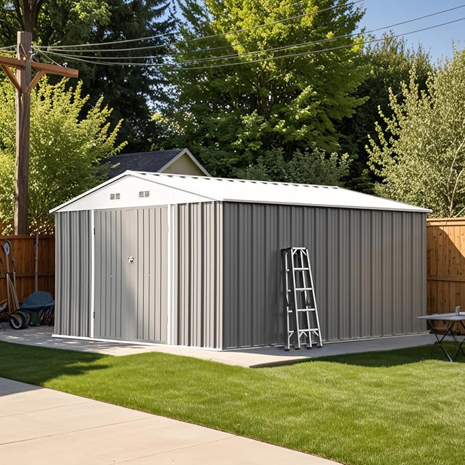 Patiowell 10 x 12 FT Metal Storage Shed for Outdoor, Steel Yard Shed with Design of Lockable Doors, Utility and Tool Storage for Garden, Backyard, Patio, Outside use, Gray