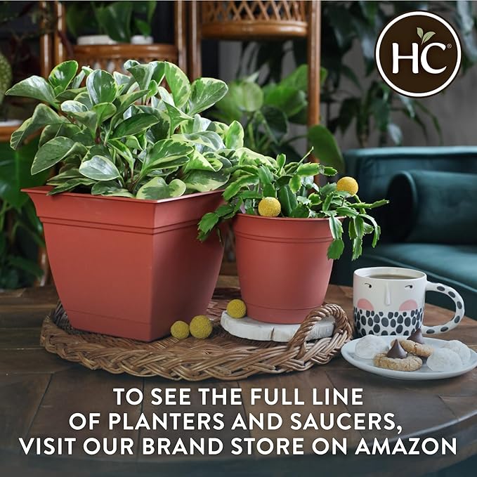 The HC Companies 20 Inch Eclipse Round Planter Pots with Drainage Holes & Attached Saucer, Lightweight UV-Resistant Plastic Indoor & Outdoor Planters, 2-Pack Flower Pots, Garden Home Decor, Sandstone