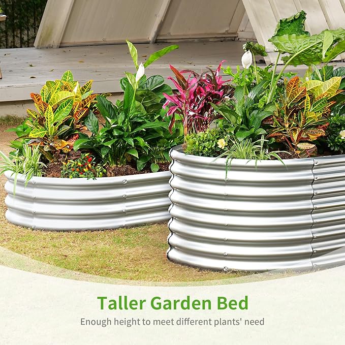 Land Guard Galvanized Metal Raised Garden Bed Kit, 8x4x1.5ft Large Planter Boxes Outdoor, Oval Gardening Box, Patio Garden Planter Box for Vegetables (Silver)
