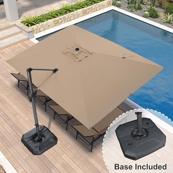 PURPLE LEAF 9' X 11.5' Square Cantilever Umbrella Patio Umbrella with Base Outdoor Umbrella Aluminum Offset with 360-degree Rotation for Garden Deck Pool Patio Taupe
