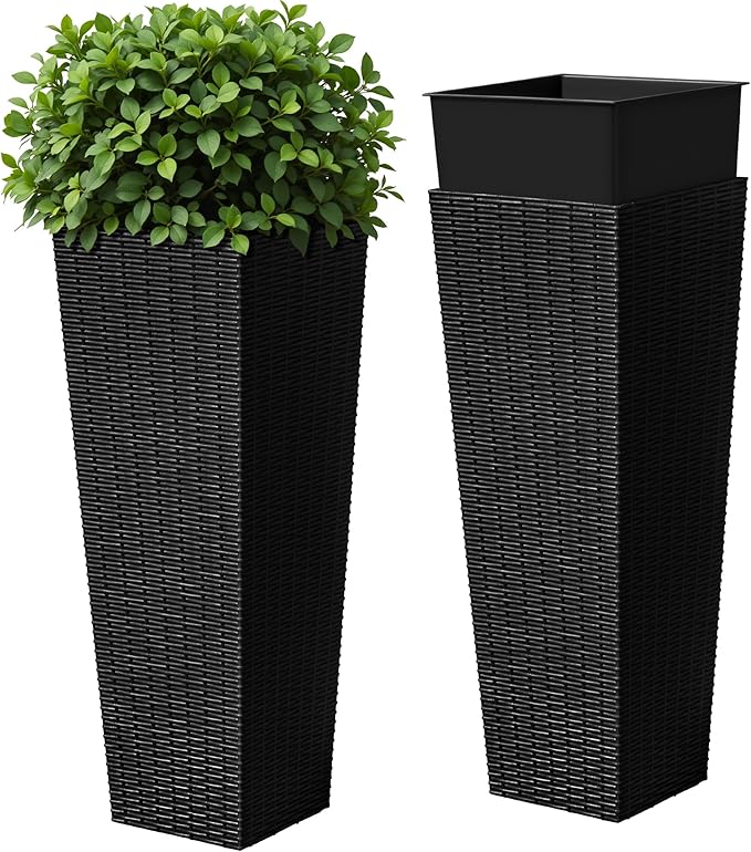 Devoko Resin Tall Planters for Outdoor Plants Set of 2, Large Taper Outdoor Planter Pots with 4 Drainage Holes, Flower Pots Modern Decor for Porch, Patio, Backyard, Home Garden (Black, 32")