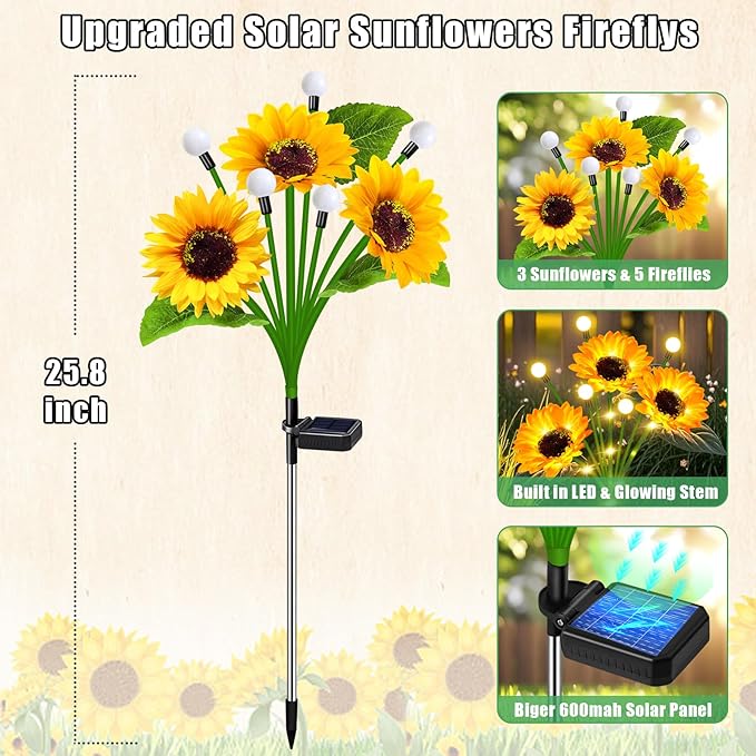 Sunflower Solar Lights Outdoor Garden Decor,Upgraded Solar Sunflowers with Firefly Lights Waterproof,Gifts for Mom Women Grandma,Garden Decor for Outside Yard Patio Pathway Lawn（2 Pack）