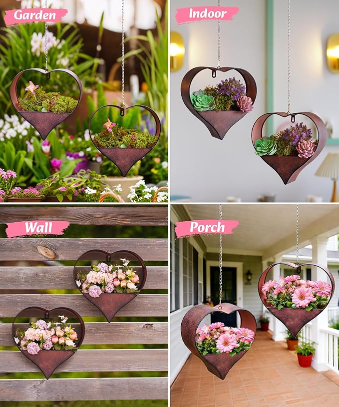 Metal Plant Hangers Indoor and Outdoor for Mom Women Her Wife Garden Lovers Birthday - Heart Shape Hanging Planters for Window Wall Living Room Office Decor(2 Pack)
