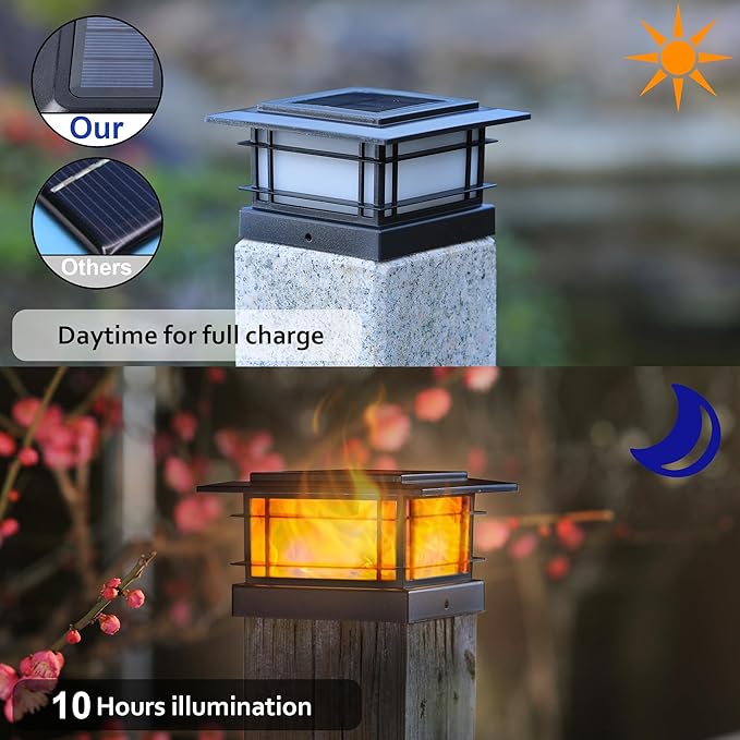 Dynaming 6 Pack Solar Post Cap Lights Outdoor with Flickering Flame Light, Fence Post Solar Lights Fit for 4x4 5x5 6x6 Vinyl/Wooden Posts, High Brightness SMD LED Lighting Decor for Garden Deck Patio