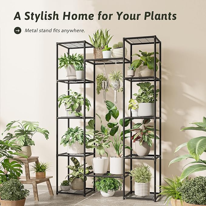 Metal Plant Stand Outdoor 62.2" Tall Plant Shelf for Plants 12 Pots Large Plant Sheves for Indoor Plants Living Room Heavy Duty Rack Garden Balcony Patio Hanging Planter