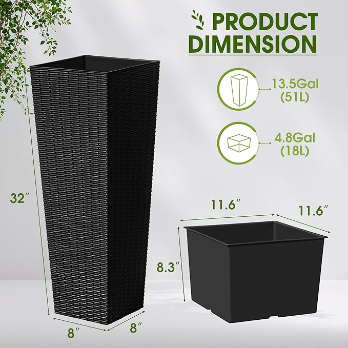 Devoko Resin Tall Planters for Outdoor Plants Set of 2, Large Taper Outdoor Planter Pots with 4 Drainage Holes, Flower Pots Modern Decor for Porch, Patio, Backyard, Home Garden (Black, 32")