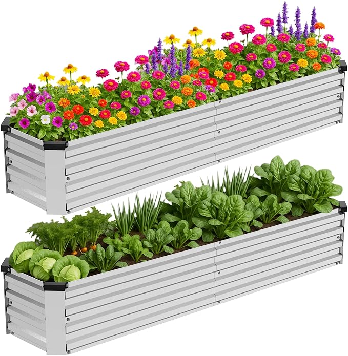 2 Pack 8x2x1FT Galvanized Metal Raised Garden Bed Kit for Vegetables, Herbs, Open-Bottom Large Capacity Outdoor Planter Box Gardening Stakes, Silver