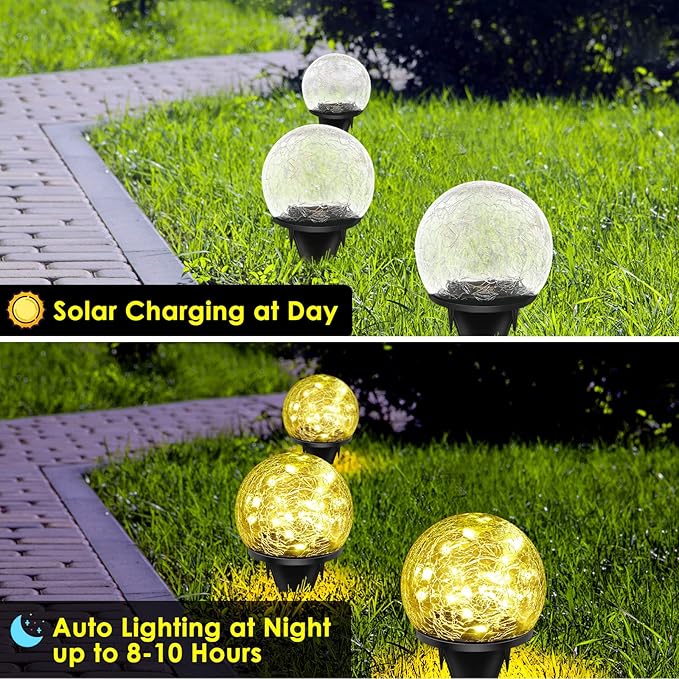 Solar Garden Lights, 2 Pack 80 LED Cracked Glass Solar Globe Lights Outdoor Decoration, Upgraded Waterproof Warm White Ball Lights for Yard Pathway Patio Lawn Christmas Outside Decor, 5.9"
