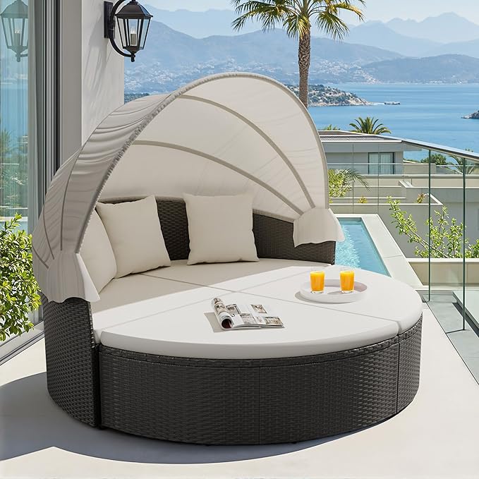 Devoko Patio Furniture Outdoor Round Daybed with Retractable Canopy Wicker Rattan Separated Seating Sectional Sofa for Patio Lawn Garden Backyard Porch