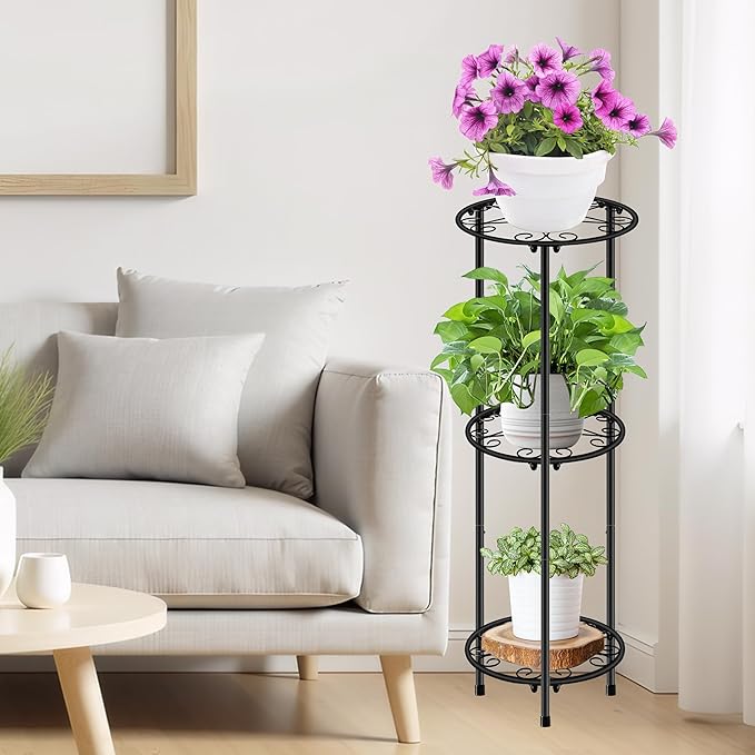 CASIMR Plant Stand Indoor Outdoor, Metal Rustproof Flower Shelf 3 Tier 32.3 inch, Tall Multiple Plant Pot Holder Rack for Garden Patio Living Room Corner Balcony, Black